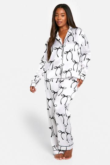 PLUS BOW PRINT SATIN BUTTON THROUGH SHIRT & TROUSER PYJAMA SET white