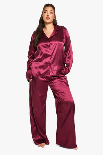 PLUS SATIN BUTTON THROUGH SHIRT & TROUSER PYJAMA SET burgundy