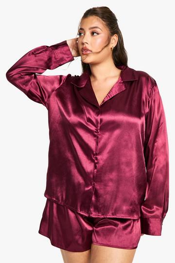 PLUS SATIN BUTTON THROUGH SHIRT & SHORTS PYJAMA SET burgundy