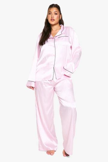 Pink PLUS CANDY STRIPE SATIN BUTTON THROUGH SHIRT & TROUSER PYJAMA SET