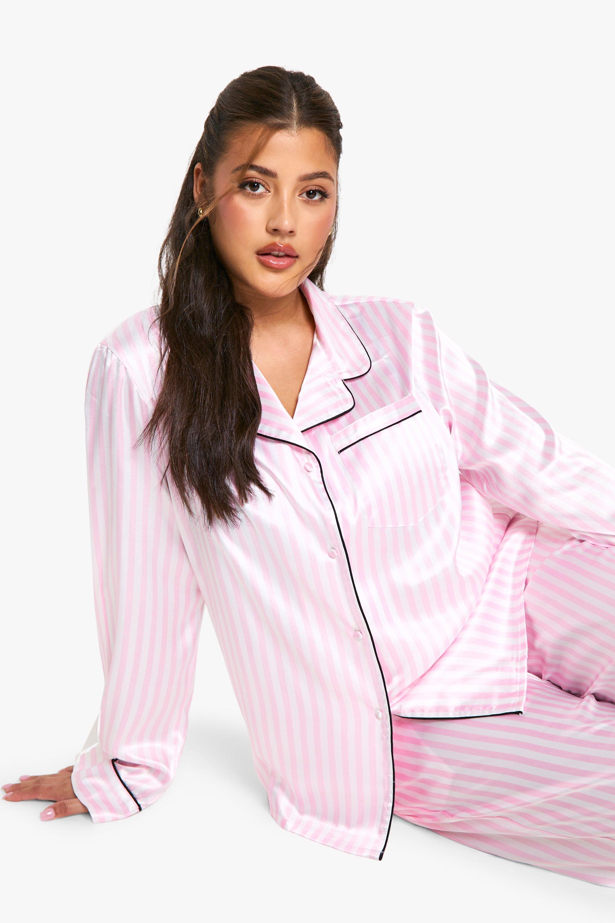 Boohoo Women s PLUS CANDY STRIPE SATIN BUTTON THROUGH SHIRT TROUSER PYJAMA SET Pink