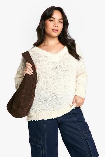 Plus Teddy Textured V neck Jumper cream