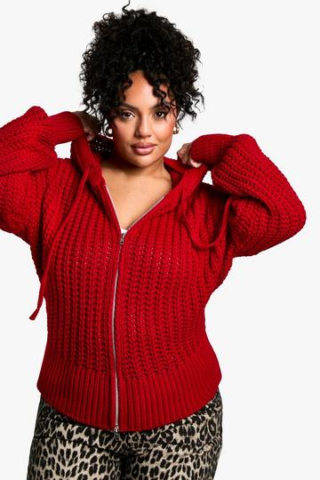 Plus Chunky Knit Oversized Hoodie red