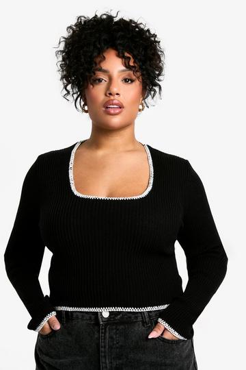 Plus Contrast Stitch Long Sleeve Top black