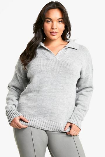 Grey Plus Collared Knitted Jumper