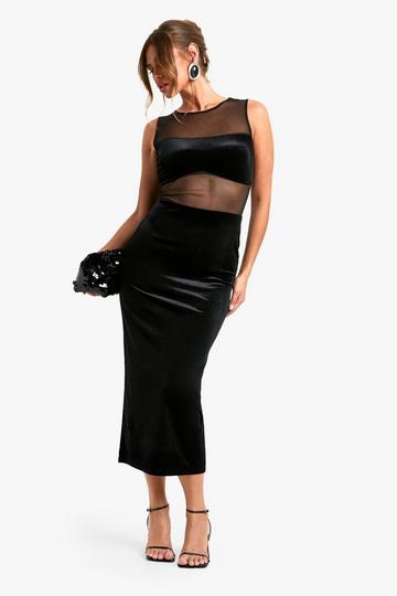 Velvet Sleeveless Mesh Detail Midaxi Dress black