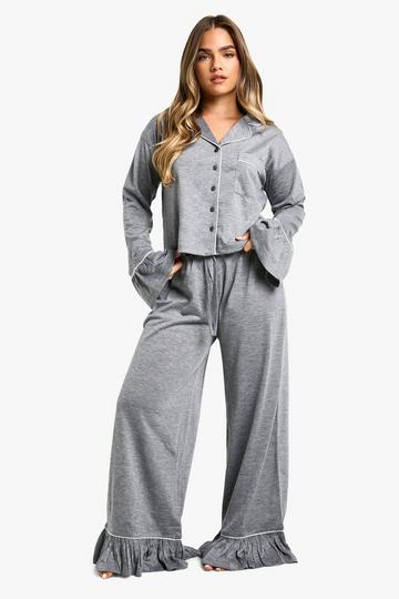 Petite Frill Hem Long Sleeve Pyjama Set grey marl