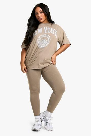 Plus Oversized New York T-Shirt Met Print En Leggings Set taupe