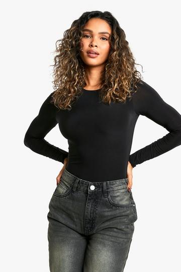 Double Layer Slinky Long Sleeve Crew Neck Bodysuit black