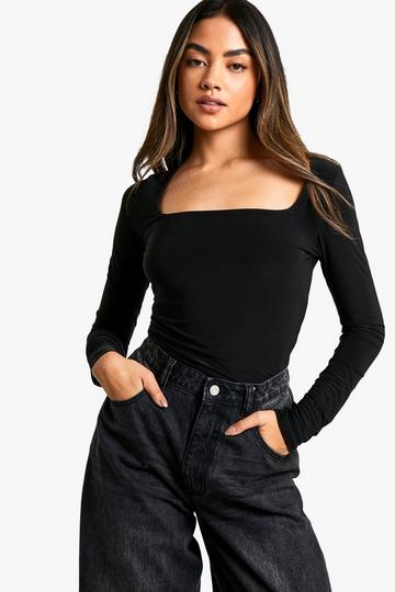 Double Layer Slinky Square Neck Long Sleeve Top black