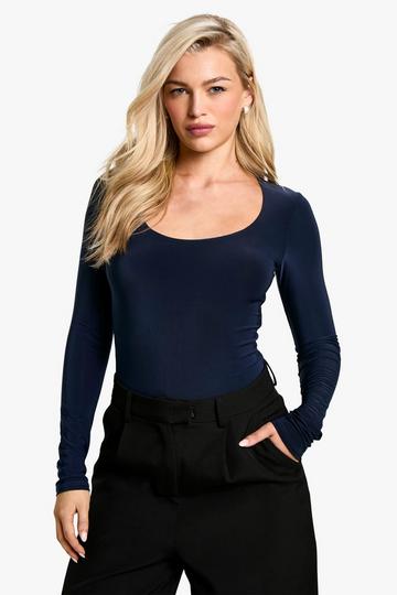 double layer slinky scoop neck long sleeve bodysuit navy