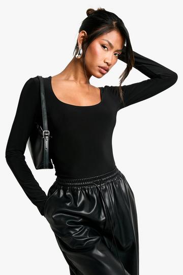 double layer slinky scoop neck long sleeve bodysuit black