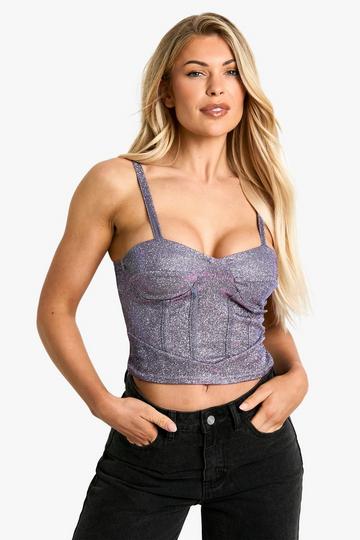 Glitter Square neck corset detail top pink