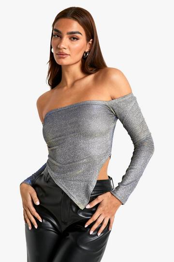 Christmas Glitter Bardot Asymmetric Top silver