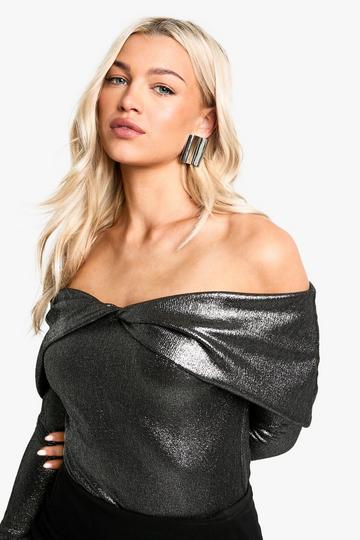 Gedraaide Metallic Bodysuit Met Uitgesneden Hals black