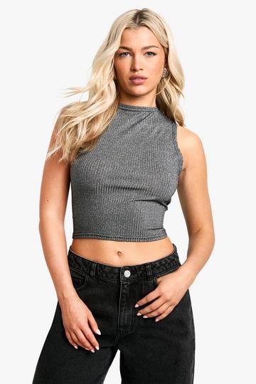 Black metallic knit racer tank top