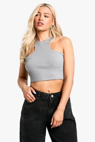 Silver metallic knit extreme racer neck top