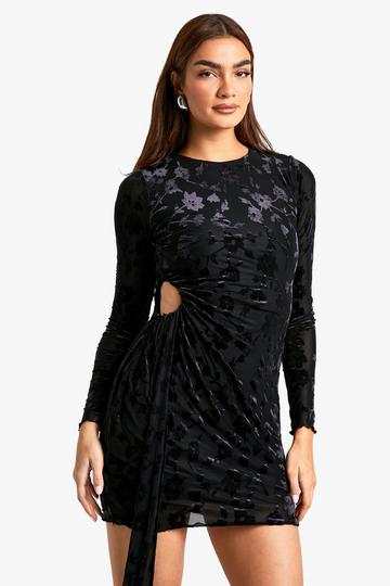 Black Devore Cut Out Detail Long Sleeve Mini Dress