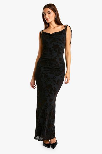 Tie Detail Devore Cowl Maxi Dress black