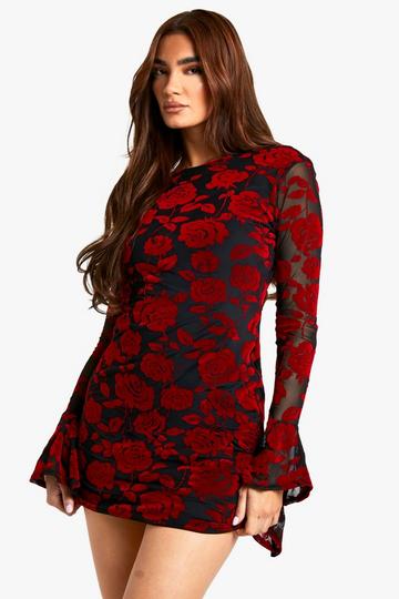 Devore Flare Sleeve Back Tie Mini Dress red