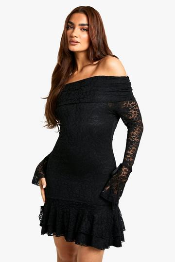 Lace Off Shoulder Flare Sleeve Mini Dress black