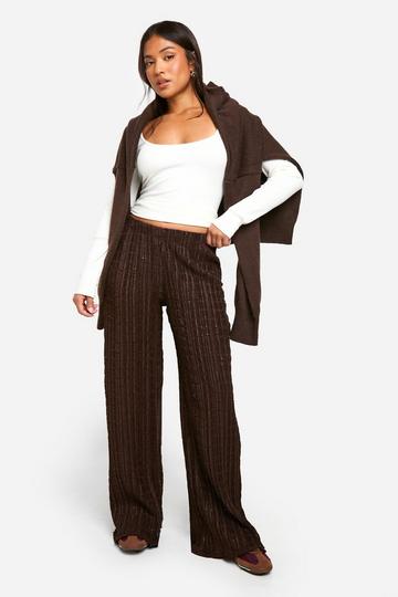 Petite Textured Crinkle Wide Leg Trouser chocolate