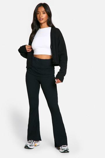 Petite Fold Over Waistband Crinkle Flare Trouser black