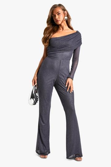 Glitter Mesh Bardot One Shoulder Jumpsuit charcoal