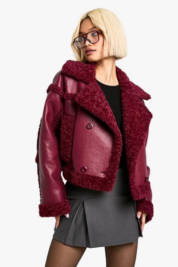 Teddy Trim Aviator Jacket burgundy