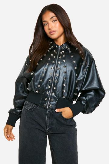 Petite Studded Faux Leather Bomber Jacket black