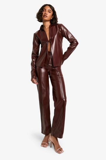 Tall PU Tie Front Shirt and Trouser Set chocolate