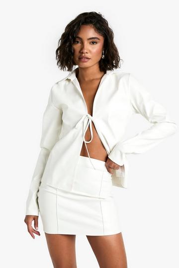 Cream White Tall PU Tie Front Shirt and Mini Skirt Set