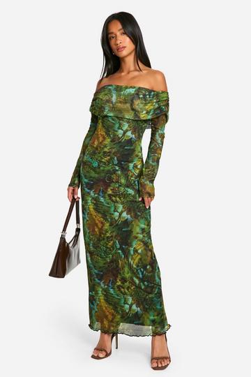 Petite Mesh Off Shoulder Maxi Jurk Met Tekst dark green