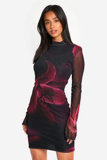 Petite Bold Floral Mesh Mini Dress magenta pink