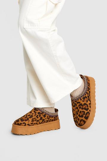 Embroidered Leopard Platform Cozy Mules leopard