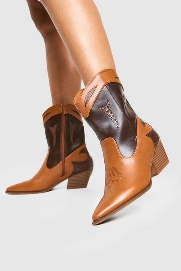 Brown Contrast ankle western boot