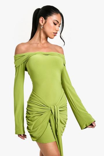 Twist Detail Off Shoulder Flare Long Sleeve Mini Dress green