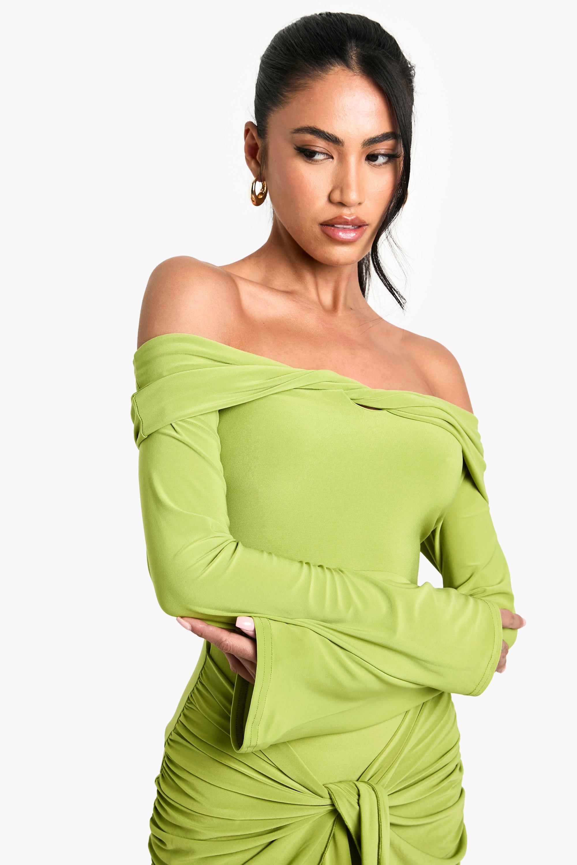 boohoo Twist Detail Off Shoulder Flare Long Sleeve Mini Dress Green Size 4