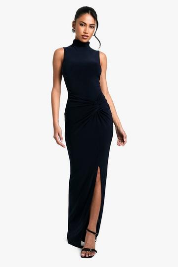 Hochgeschlossenes ärmelloses Maxikleid mit Twist navy