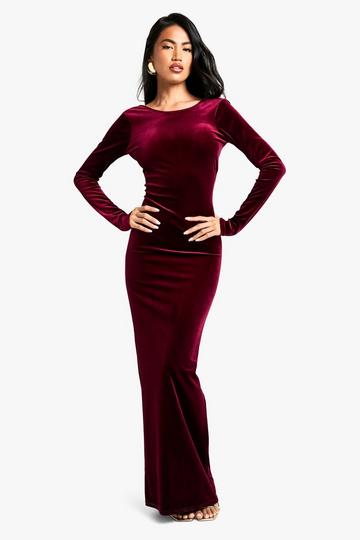 Burgundy Red Velvet Ruched Open Back Maxi Dress