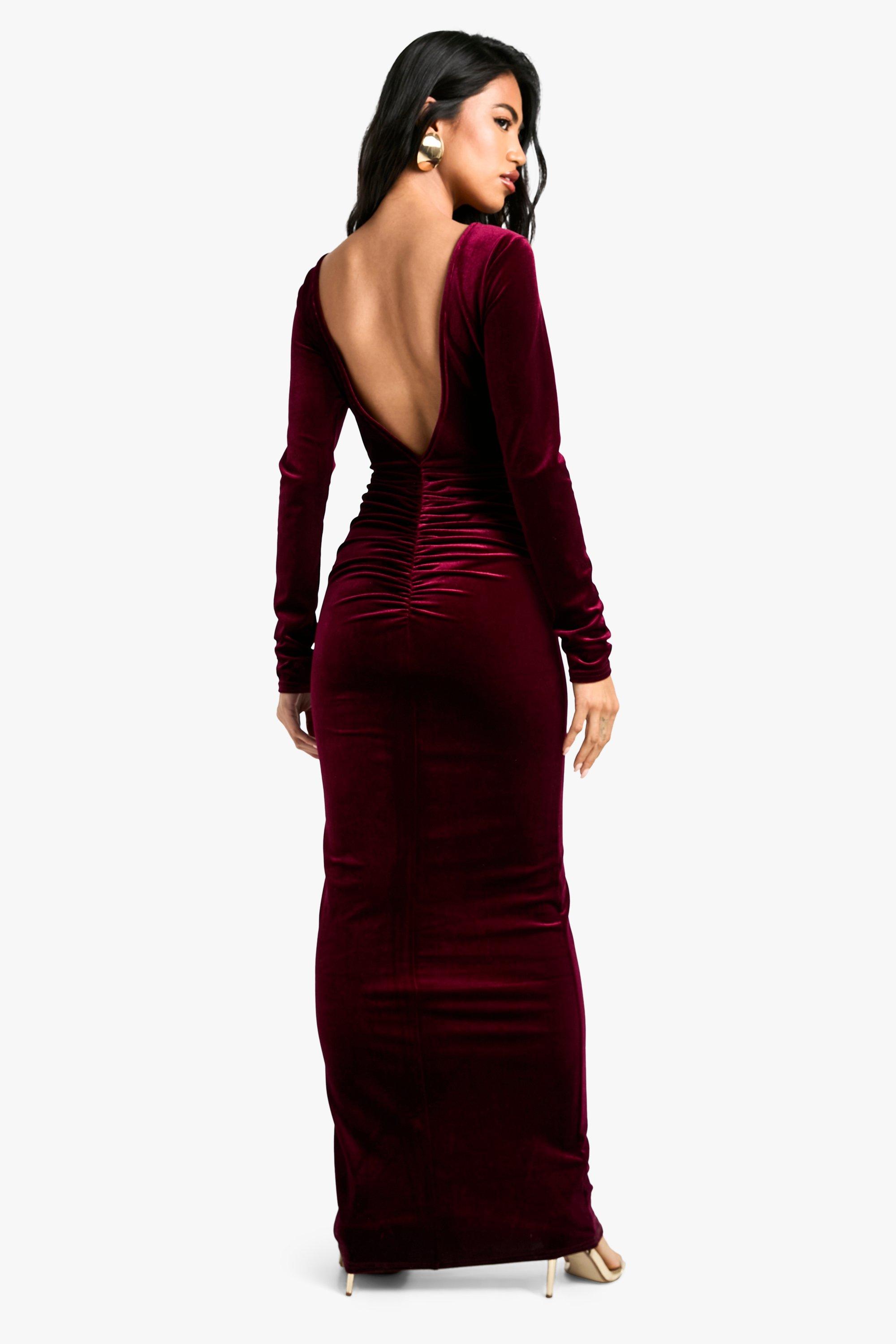 Velvet Ruched Open Back Maxi Dress boohoo