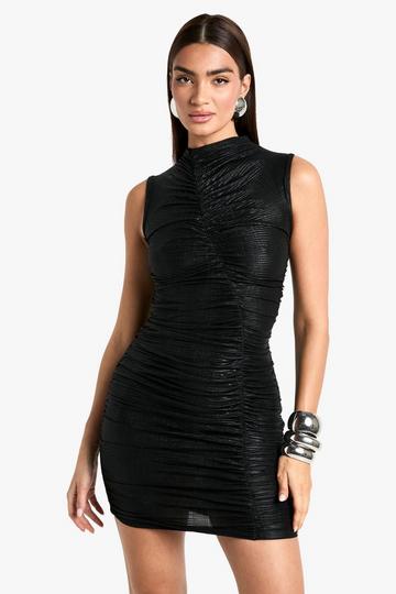 Ruched Metallic Foil Mini Dress black