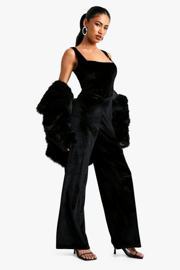 Velvet Square Neck Wide Leg Jumpsuit black