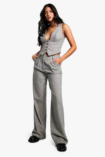 Tall Nepwollen Herringbone Wide Leg Broek grey