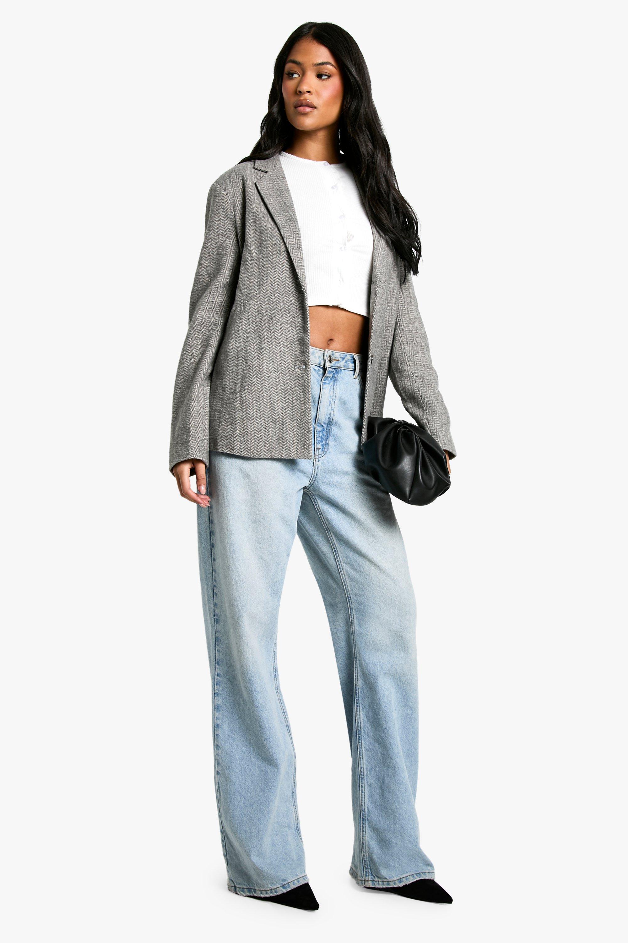 Boohoo Women s Tall Herringbone Wool Look Blazer Grey