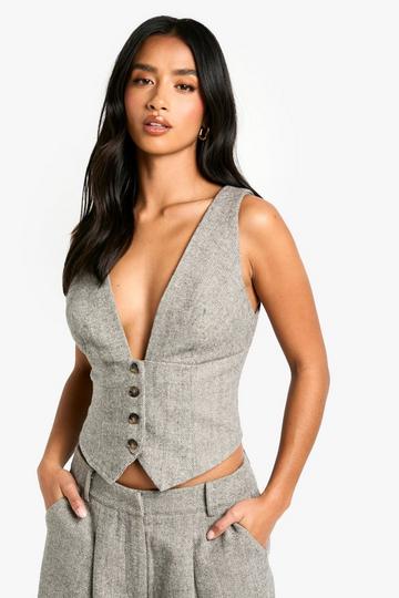 Grey Petite Herringbone Wool Look Waistcoat