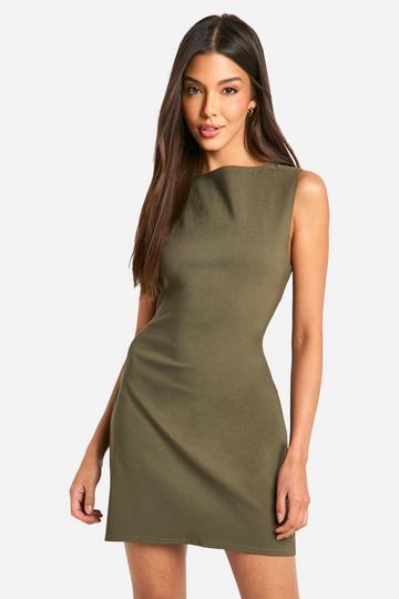 Olive Green Bengaline Slash Neck Fit & Flare Mini Dress