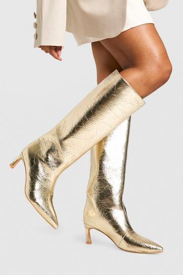 Textured Metallic Column Knee High Boots gold