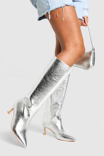 Textured Metallic Column Knee High Boots silver