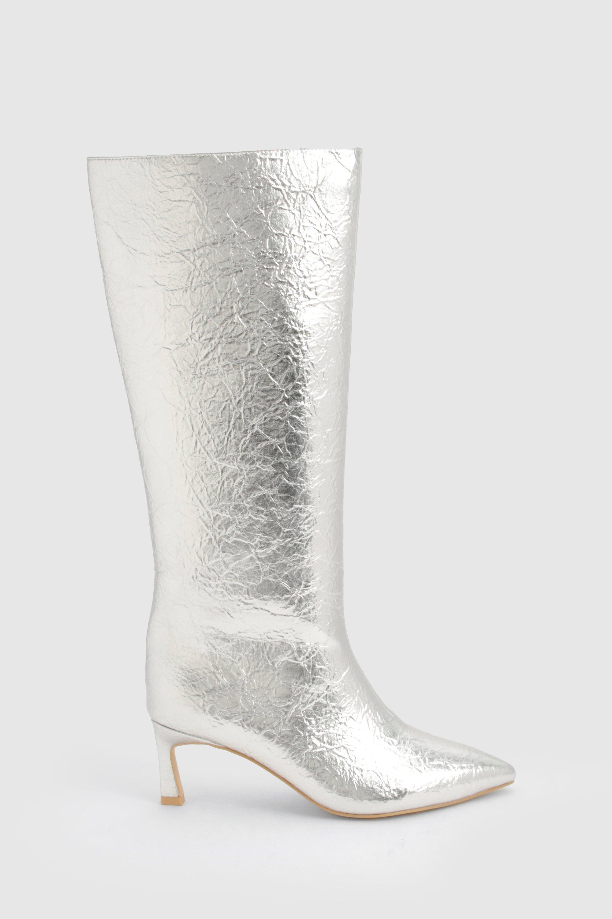 Textured Metallic Column Knee High Boots boohoo